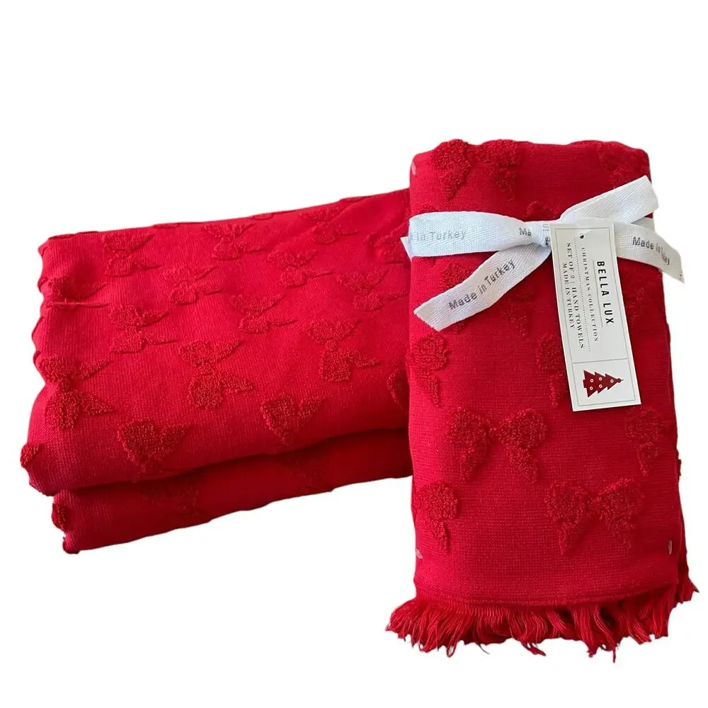 Bella Lux Christmas BOWS Bath Towel Set of 2 Chic Holiday Red Bathroom Decor New